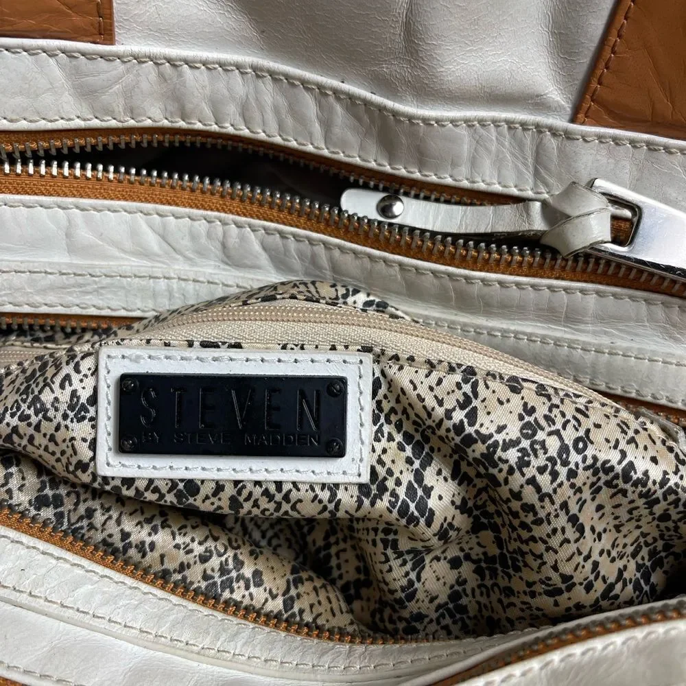 Steven by Steve Madden leather off white and tan satchel silver tone hardwares